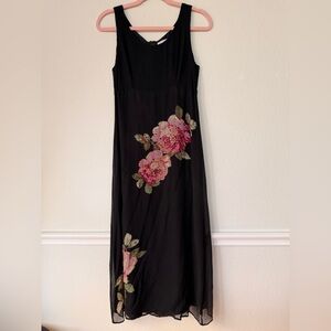 Robbie Bee Black Silk Floral Midi Dress Size 6 Sheer Overlay Embellished Roses